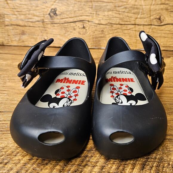 Mini Melissa Black Peep Toe Minnie Mouse Mary Jane flats shoes size 6 - Picture 2 of 7